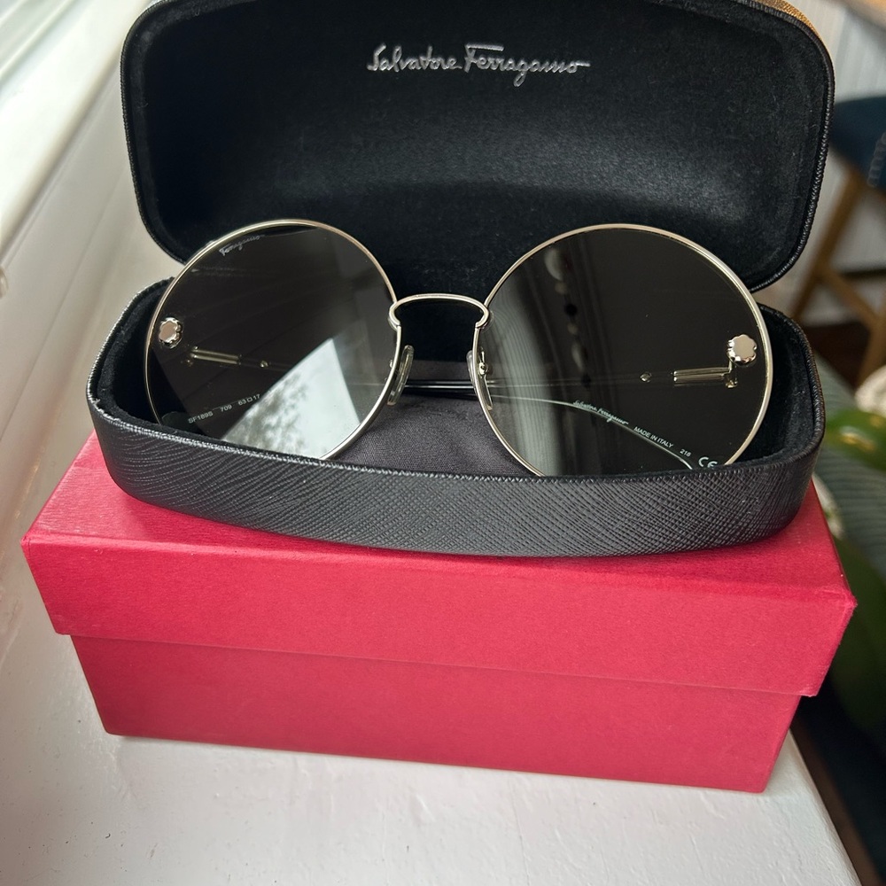 Salvatore Ferragamo Black and Silver Round Sunglasses